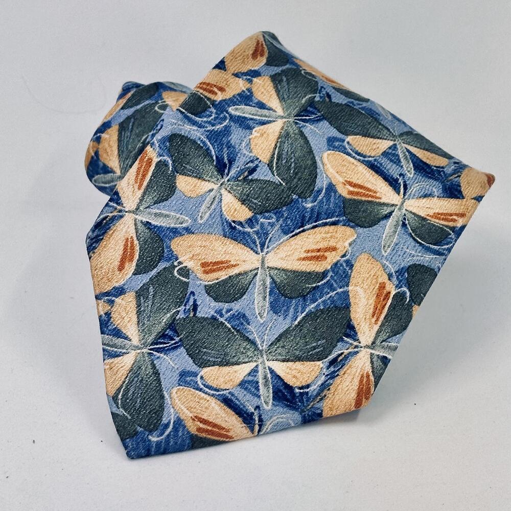 Jimmy Z Butterfly Pattern Silk Tie Blue and Yellow  100% silk Made in Mexico